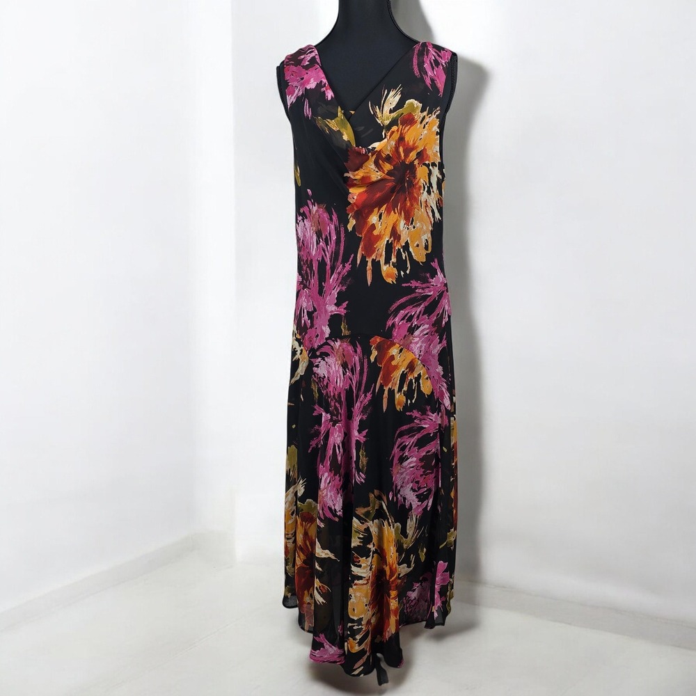 Signature by Robbie Bee Midi Dress Woman Size 14 Black Floral Print V Neck Lined - Picture 11 of 13